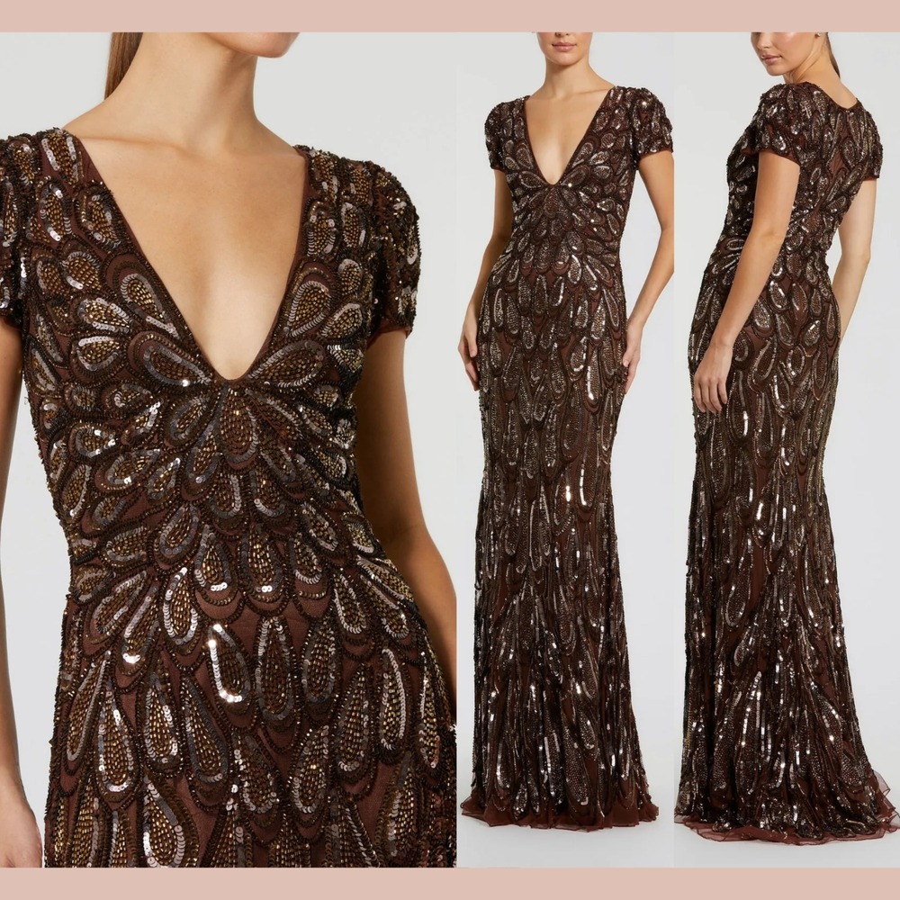 NEW Mac Duggal [ 2 ] 5243 Embellished‎ Deep V Column Gown Chocolate Brown J2372